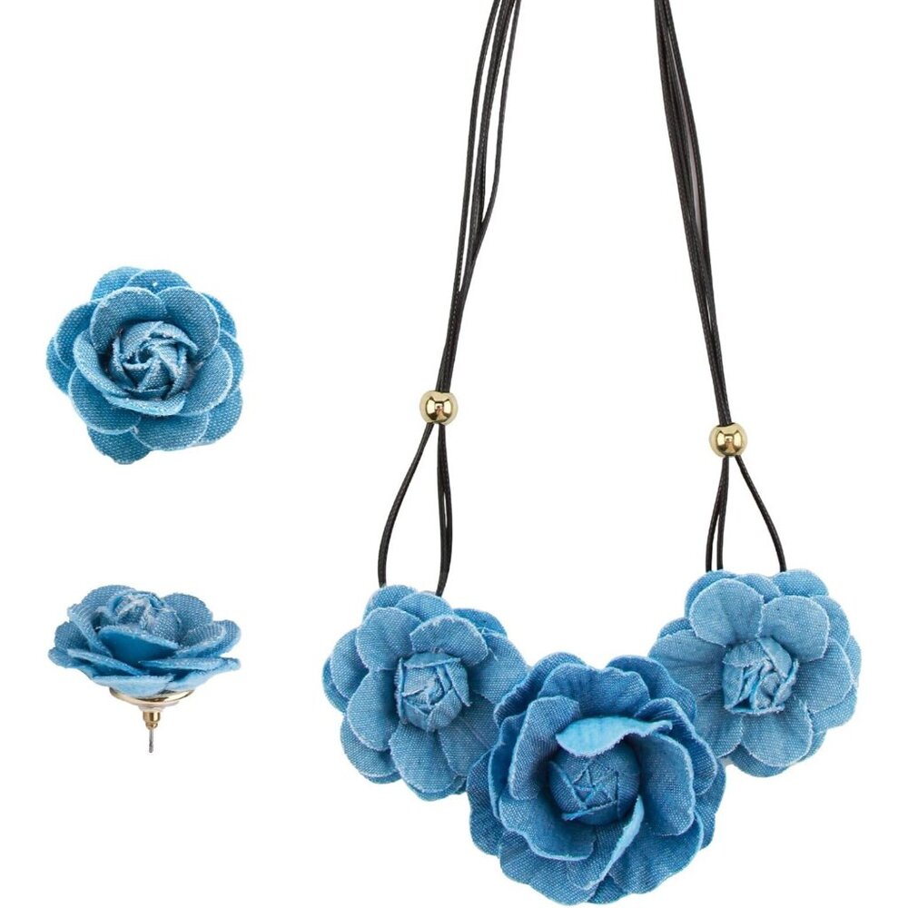 Denim Earrings for Women,Trendy Blue Denim Flower Jewelry Set,Camellia Flower Ch